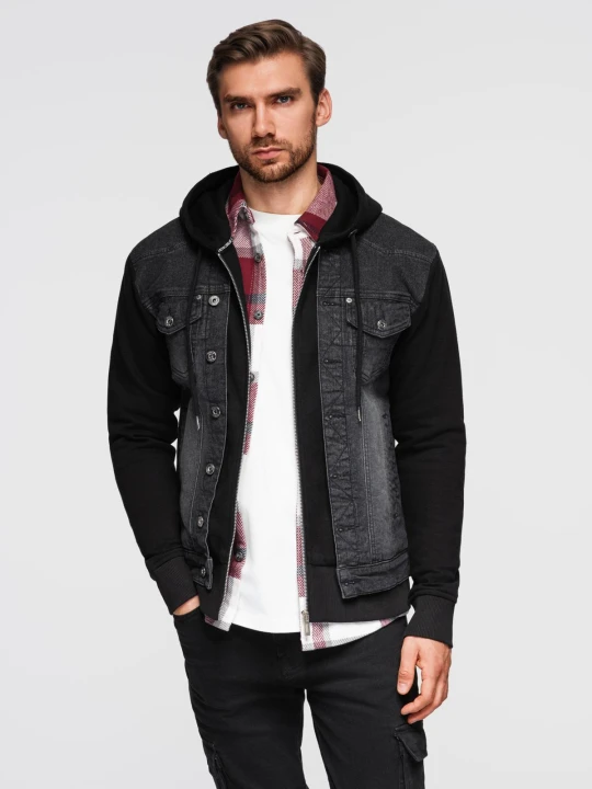 Zdjęcie produktu Kurtka męska jeansowa z dzianinowymi rękawami i kapturem – czarna V3 - Rozmiar: XL Ombre Clothing