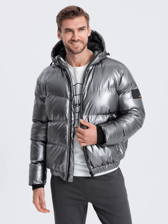 Zdjęcie produktu Kurtka męska puffer błyszcząca z kapturem - grafitowa V2 - Rozmiar: XXL Ombre Clothing grafitowy