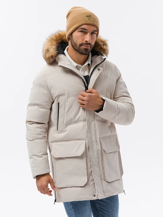 Zdjęcie produktu Kurtka męska zimowa parka z kieszeniami cargo - ecru V1 Ombre Clothing