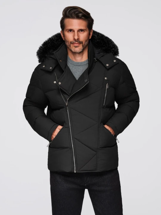 Zdjęcie produktu Kurtka pikowana męska o kroju ramoneski z kapturem - czarna V1 - Rozmiar: S Ombre Clothing
