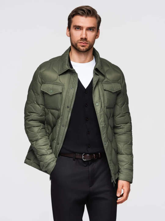 Zdjęcie produktu Kurtka pikowana męska w koszulowym fasonie – oliwkowa V2 - Rozmiar: XL Ombre Clothing oliwkowy