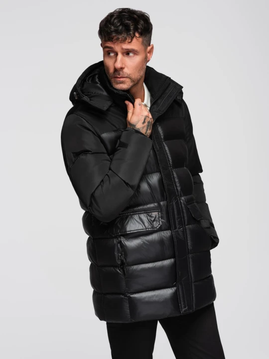 Zdjęcie produktu Kurtka pikowana męska z wysokim kołnierzem i kapturem – czarna V1 - Rozmiar: XL Ombre Clothing