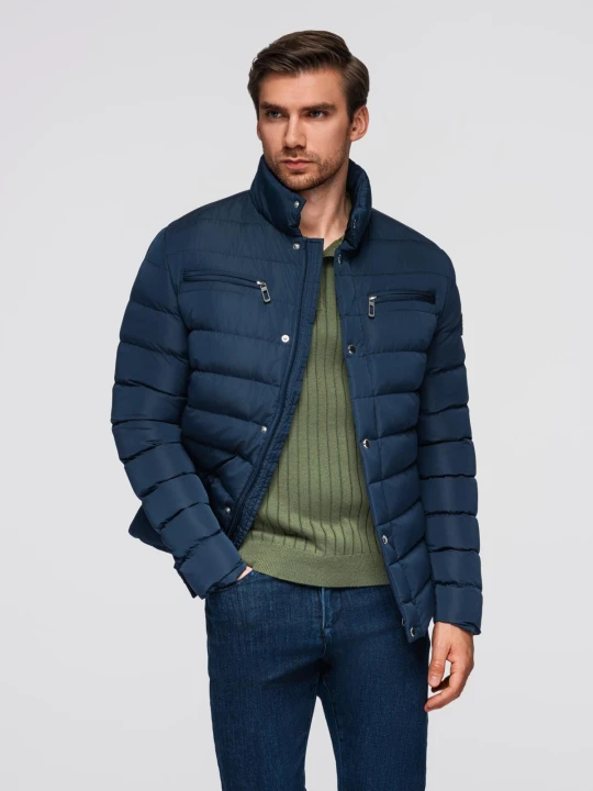 Zdjęcie produktu Kurtka pikowana męska ze stójką i zamkami na klatce piersiowej – granatowa V2 - Rozmiar: XL Ombre Clothing