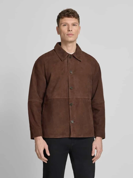 Zdjęcie produktu kurtka skórzana krój regular fit z wykładanym kołnierzem model 'RORY' Selected Ciemnobrązowy