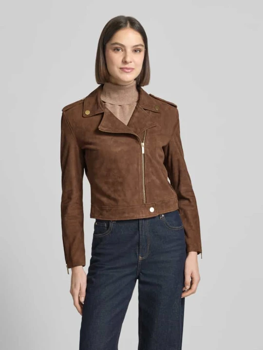 Zdjęcie produktu kurtka skórzana z wykładanym kołnierzem i zamkiem błyskawicznym Armani Exchange Czekoladowy