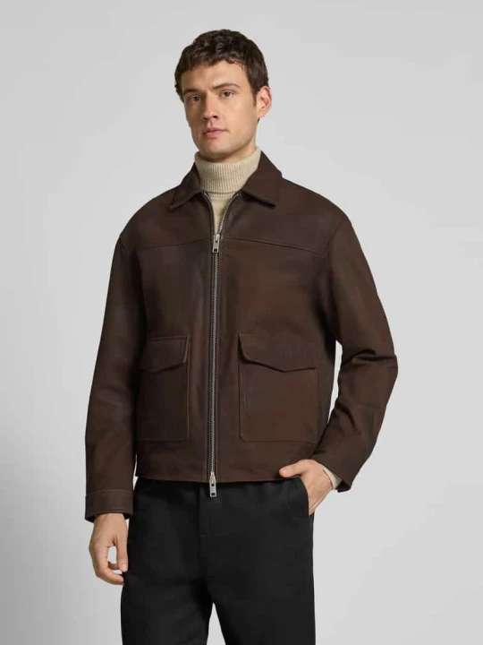 Zdjęcie produktu Kurtka skórzana z zamkiem błyskawicznym dwustronnym model ‘LEWIS’ Jack&Jones Czekoladowy