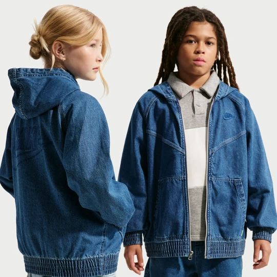 Zdjęcie produktu Kurtka z denimu z kapturem i zamkiem na całej długości dla dużych dzieci Nike Collection - Niebieski