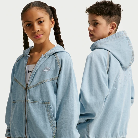 Zdjęcie produktu Kurtka z denimu z kapturem i zamkiem na całej długości dla dużych dzieci Nike Collection - Niebieski