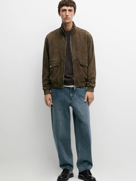 Zdjęcie produktu Kurtka Z Kieszeniami, Skóra, Zamsz - Khaki - Massimo Dutti - Male
