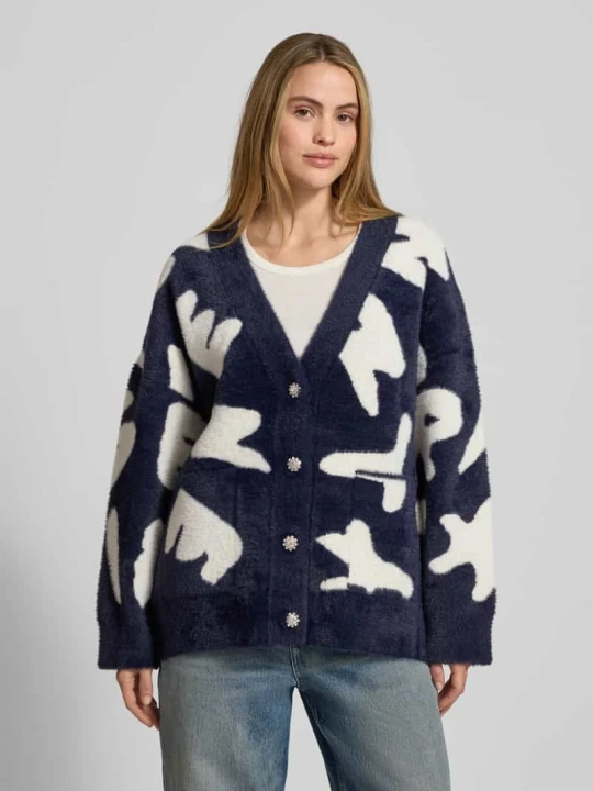 Zdjęcie produktu Kardigan rozpinany Comfort Fit z wzór na całej powierzchni Model 'JARDEN' Essentiel Antwerp Ciemnoniebieski