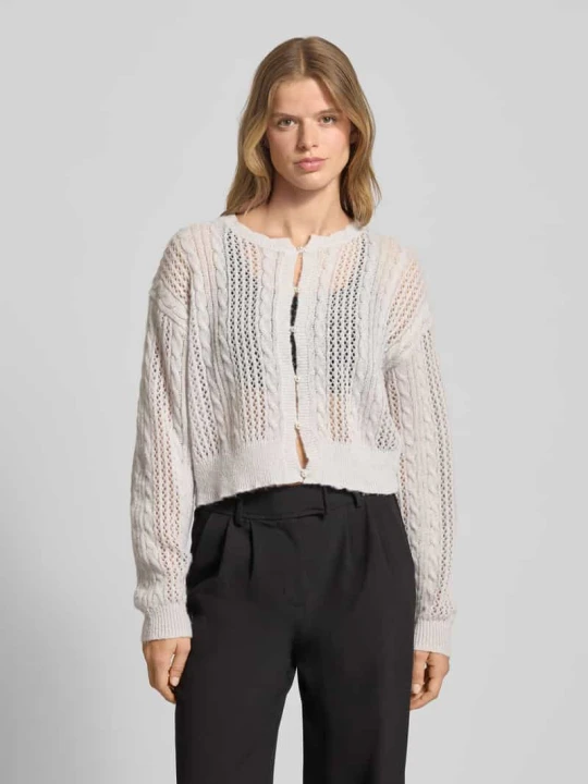 Zdjęcie produktu Kardigan o kroju loose fit z ażurowej dzianiny z perłowymi guzikami REVIEW Jasnoszary