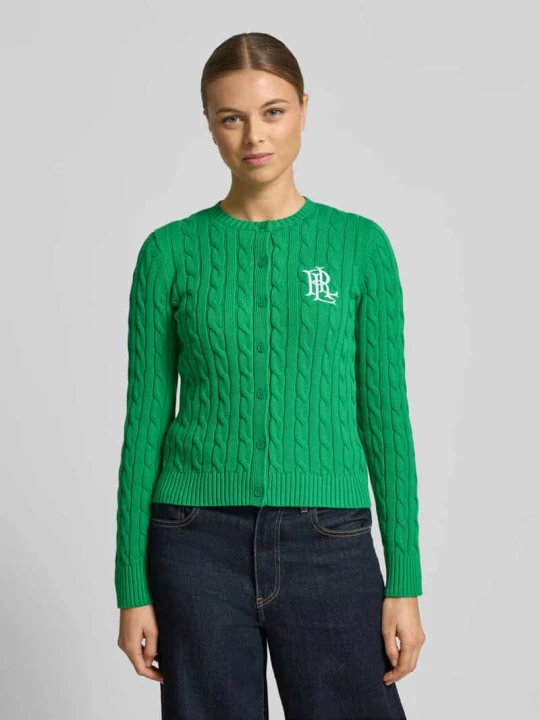 Zdjęcie produktu Kardigan rozpinany ze ściegiem warkoczowym i wyhaftowanym logo Model 'RALHAN' Lauren Ralph Lauren Zielony