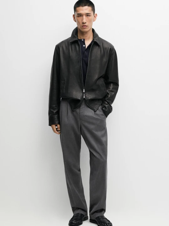 Zdjęcie produktu Kurtka Ze Skóry Nappa Z Detalem Kołnierza - Czarny - Massimo Dutti - Male