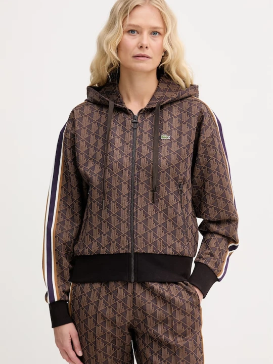 Zdjęcie produktu Lacoste bluza rozpinana z kapturem damska z bawełną brązowy