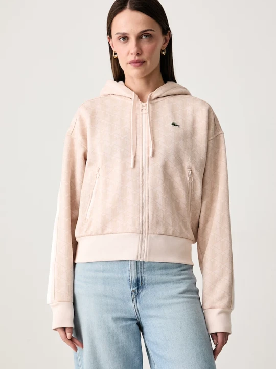 Zdjęcie produktu Lacoste bluza rozpinana z kapturem damska z bawełną beżowy