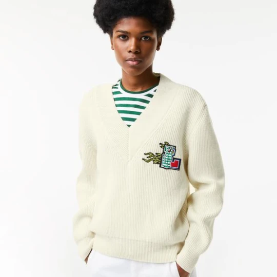 Zdjęcie produktu Lacoste damski wełniany sweter świąteczny z dekoltem w kształcie litery V
