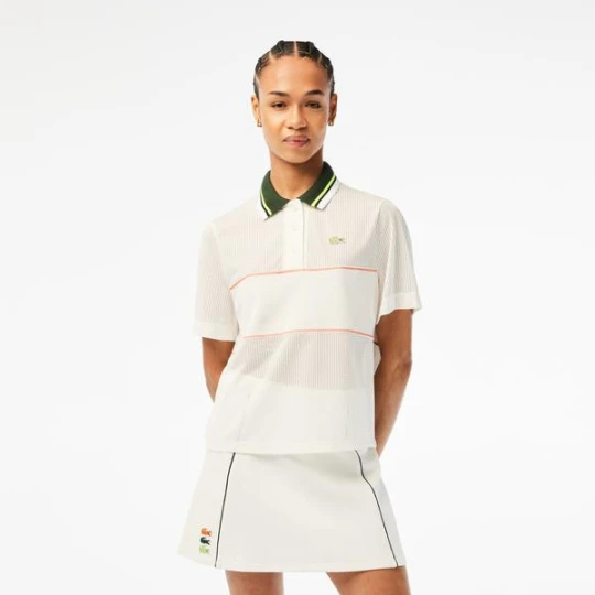 Zdjęcie produktu Lacoste Kadın Loose Fit Kısa Kollu Çizgili Beyaz Polo