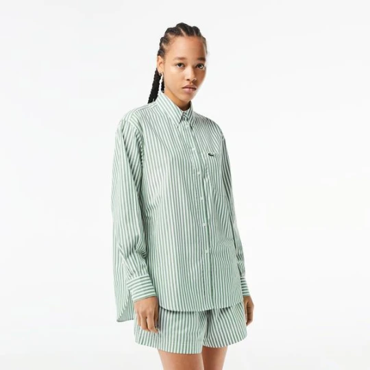 Zdjęcie produktu Lacoste Kadın Oversize Uzun Kollu Çizgili Yeşil Gömlek