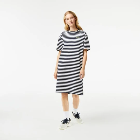 Zdjęcie produktu Lacoste Kadın Relaxed Fit Kısa Kollu Bisiklet Yaka Çizgili Krem Elbise