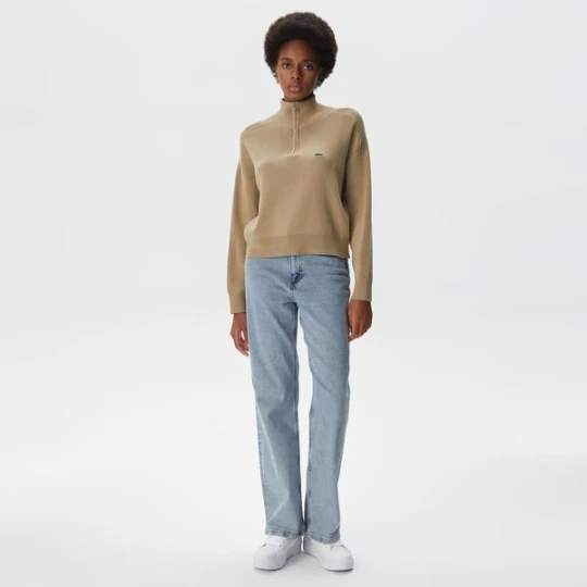 Zdjęcie produktu Lacoste Kadın Relaxed Fit Yarım Fermuarlı Krem Triko