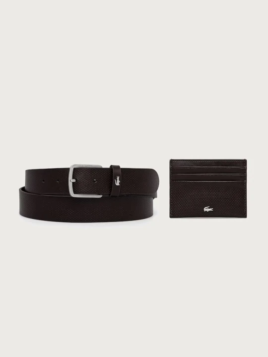 Zdjęcie produktu Lacoste zestaw etui na karty i pasek męski skórzany brązowy