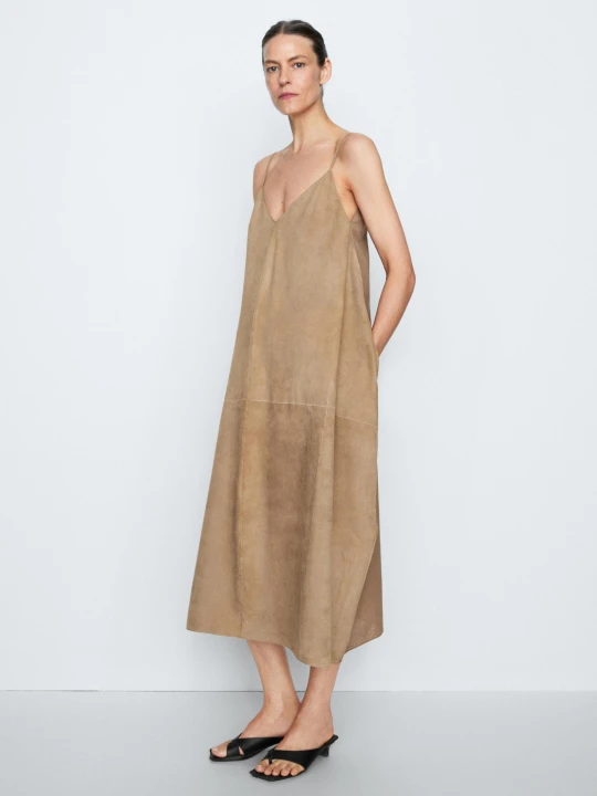 Zdjęcie produktu Łączona Sukienka Ze Skóry Zamszowej – Studio - Popielaty - - Massimo Dutti - Kobieta