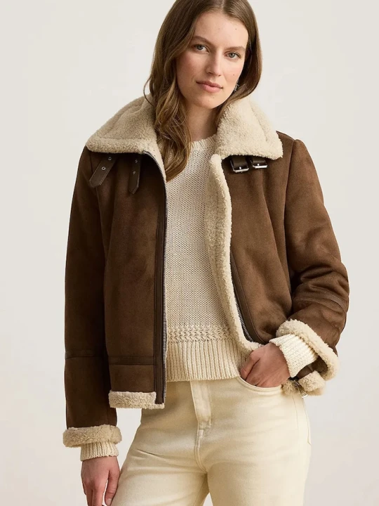 Zdjęcie produktu Lauren Ralph Lauren krótka kurtka damska z imitacji zamszu brązowy
