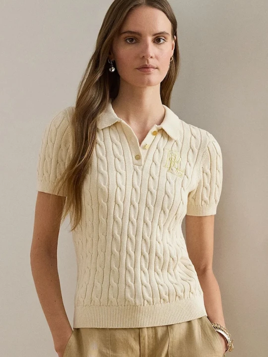 Zdjęcie produktu Lauren Ralph Lauren sweter z krótkim rękawem damski bawełniany beżowy