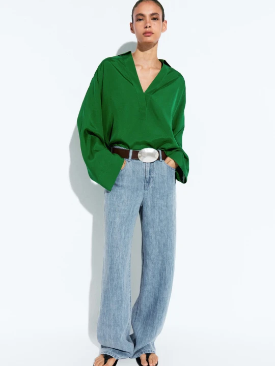 Zdjęcie produktu Lejąca Koszula Polo Z Długim Rękawem - Zielony - - Massimo Dutti - Female