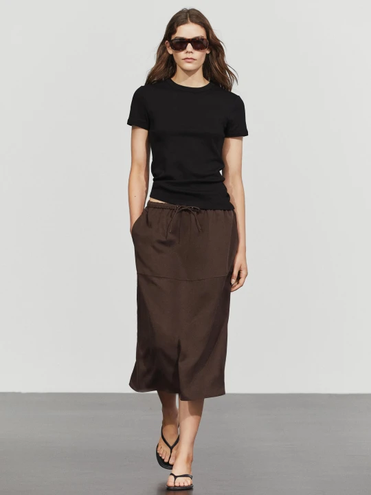 Zdjęcie produktu Lejąca Spódnica Midi Z Gumką - Brązowy - Massimo Dutti - Female
