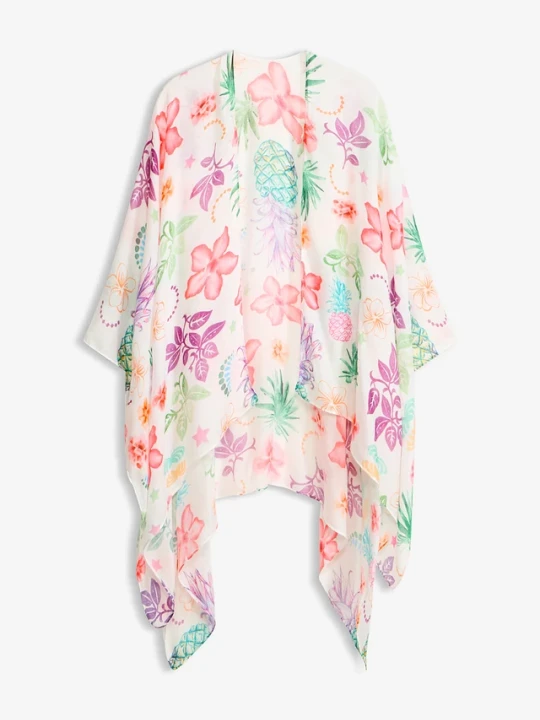 Zdjęcie produktu Lekkie letnie poncho we wzór w kwiaty BonPrix biały