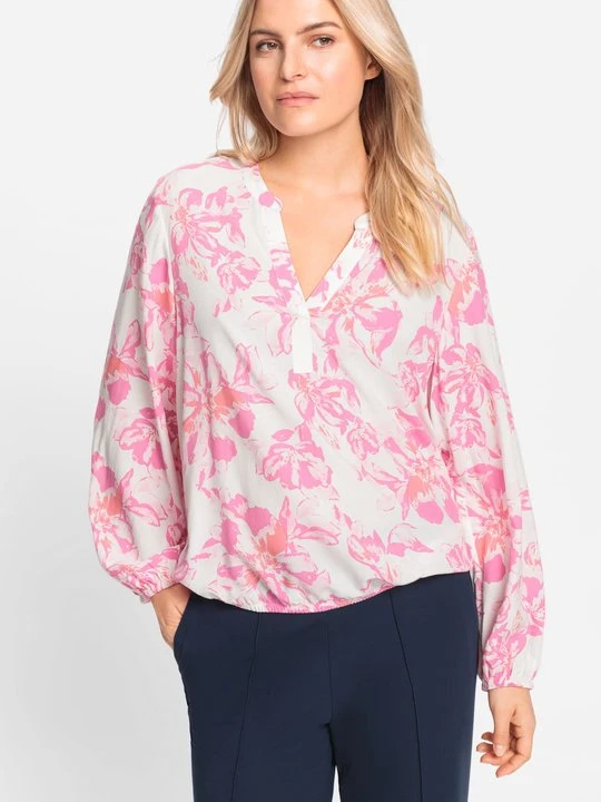 Zdjęcie produktu LENZING™ ECOVERO™ Różowa wiskozowa koszula damska o kroju tuniki w kwiaty – Back in Bloom Olsen