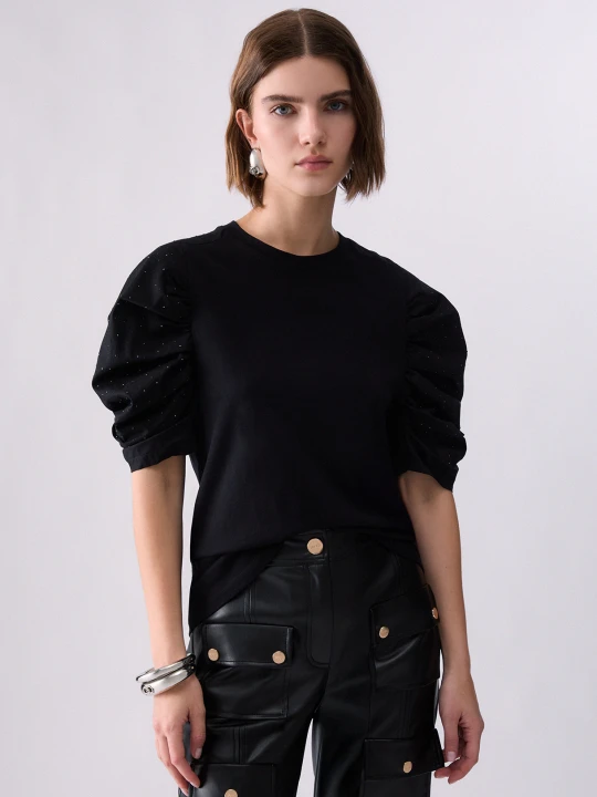 Zdjęcie produktu Liu Jo Bi-material T-shirt With Puff Sleeves czarny