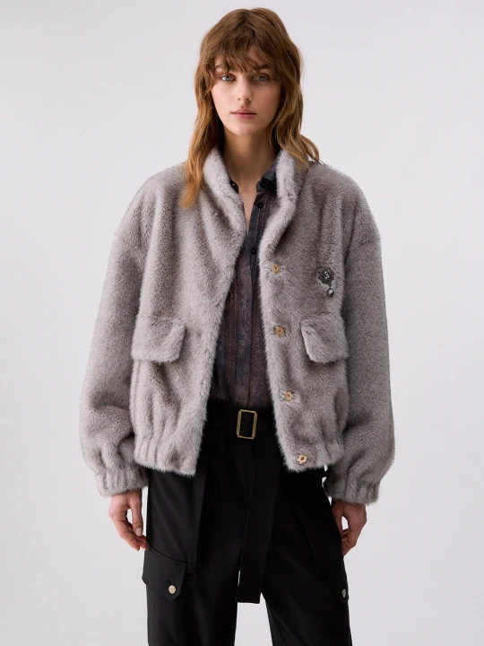 Zdjęcie produktu Liu Jo Bomber Jacket Teddy With Brooch Jewel szary
