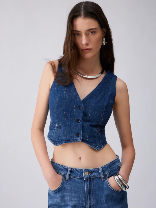 Zdjęcie produktu Liu Jo Denim Waistcoat With Rhinestones Blue Denim