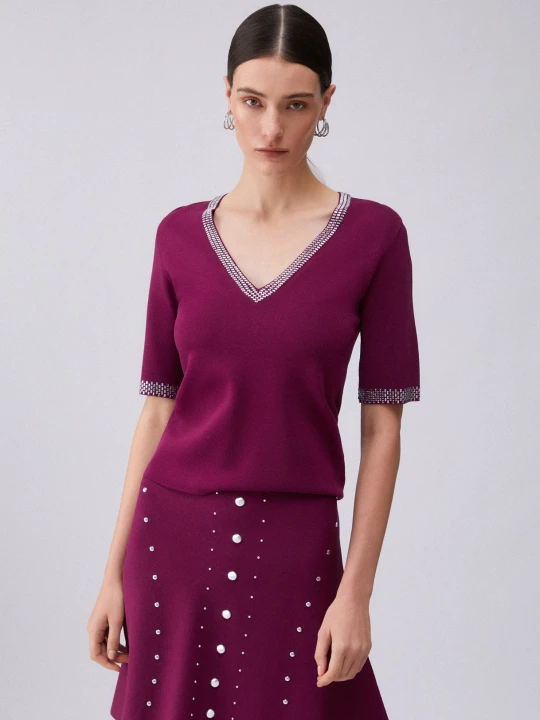 Zdjęcie produktu Liu Jo Knit T-shirt With Gemstones purpurowy