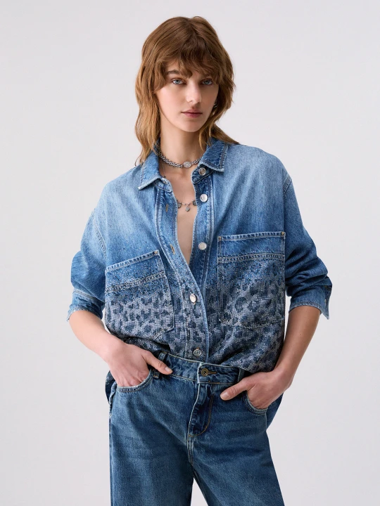 Zdjęcie produktu Liu Jo Overshirt In Denim With Rhinestones Animal-print Blue Denim