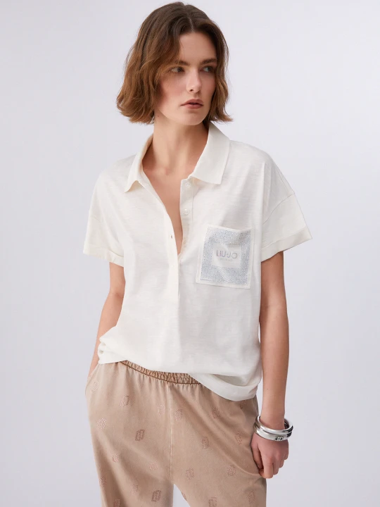 Zdjęcie produktu Liu Jo Polo Shirt With Rhinestones Milky White