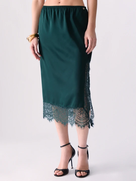 Zdjęcie produktu Liu Jo Satin Midi Skirt With Valenciennes Lace Dark Green