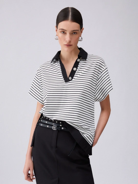 Zdjęcie produktu Liu Jo Striped T-shirt With Bejewelled Buttons White Striped