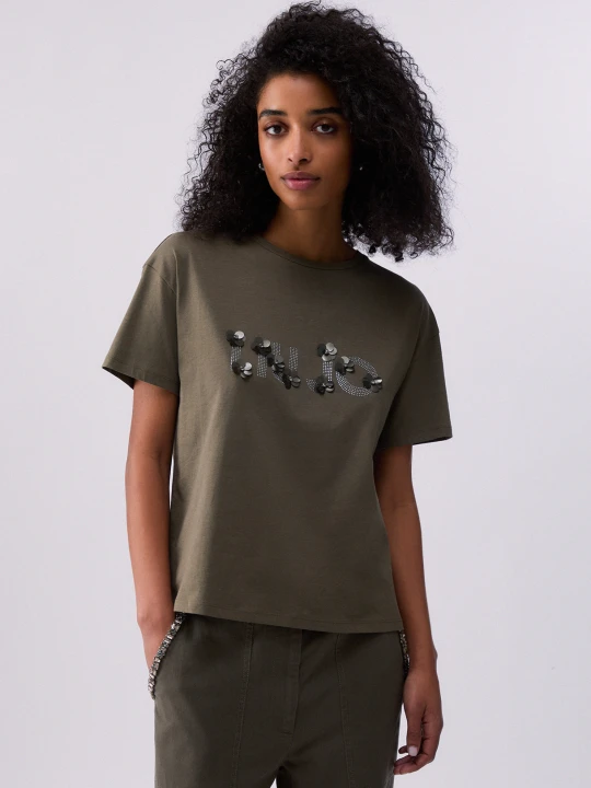 Zdjęcie produktu Liu Jo T-shirt With Gemstone Appliqués Olive Green