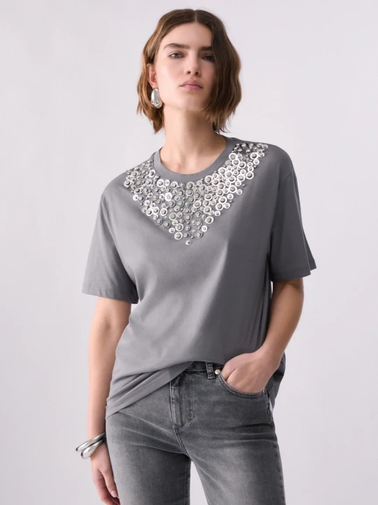 Zdjęcie produktu Liu Jo T-shirt With Jewel Embroidery szary