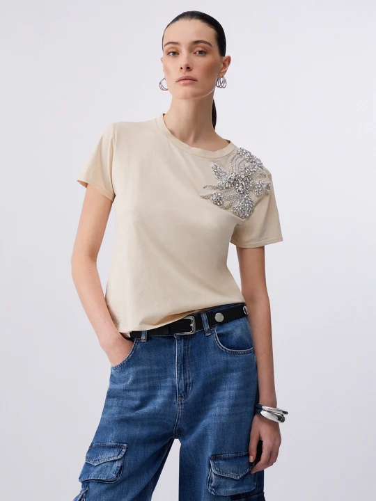 Zdjęcie produktu Liu Jo T-shirt With Jewel Embroidery beżowy