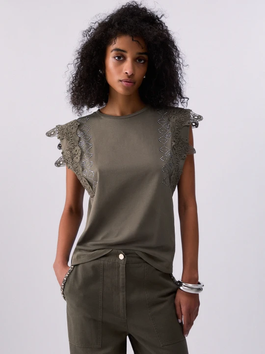 Zdjęcie produktu Liu Jo T-shirt With Macramé Details Olive Green