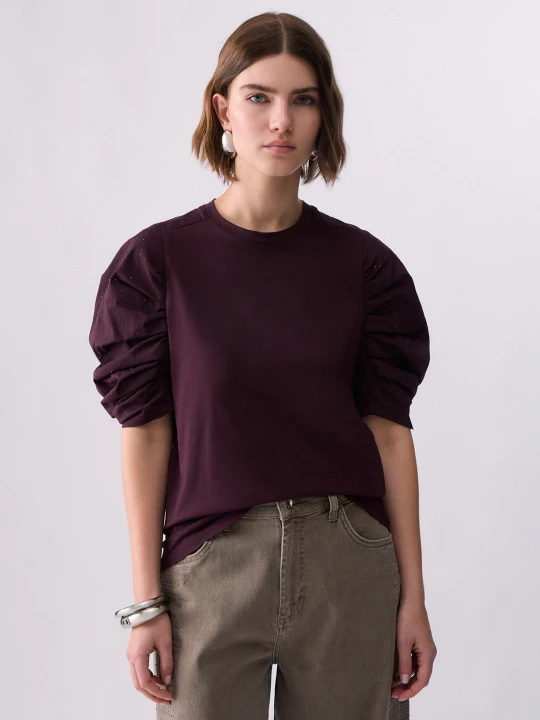 Zdjęcie produktu Liu Jo T-shirt With Sleeves Gathered Aubergine