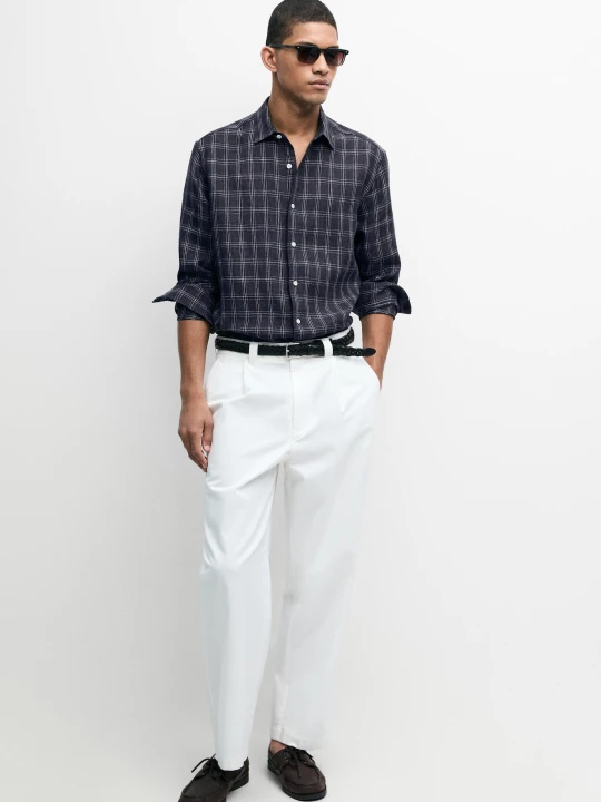 Zdjęcie produktu Lniana Koszula Regular Fit W Kratkę - Ciemnoniebieski - Massimo Dutti - Male