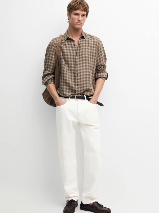Zdjęcie produktu Lniana Koszula Regular Fit W Kratkę - Popielaty Brąz - Massimo Dutti - Male