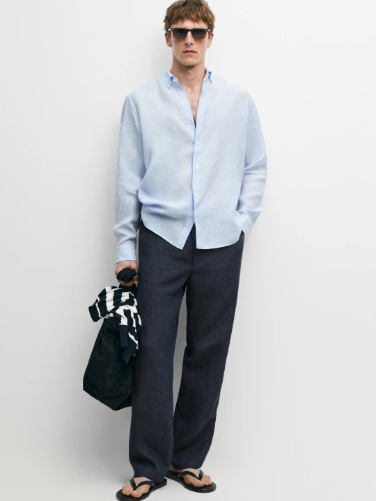 Zdjęcie produktu Lniana Koszula Regular Fit W Prążki - Błękitny - - Massimo Dutti - Male