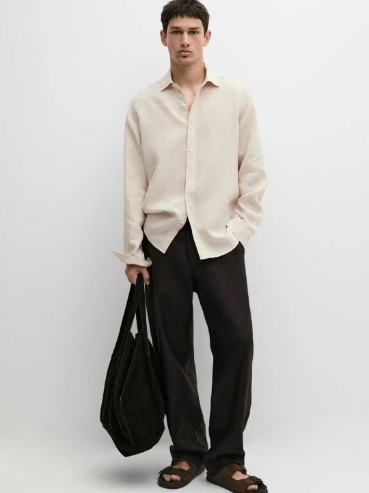 Zdjęcie produktu Lniana Koszula Regular Fit Z Efektem Sprania - Beżowy - Massimo Dutti - Male