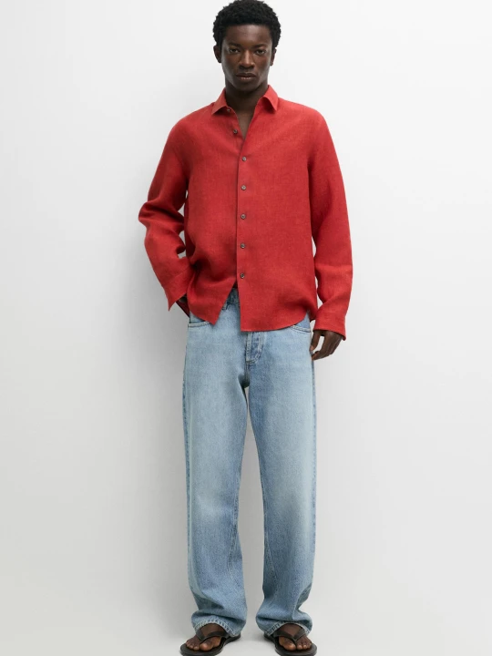 Zdjęcie produktu Lniana Koszula Regular Fit Z Efektem Sprania - Czerwony - Massimo Dutti - Male